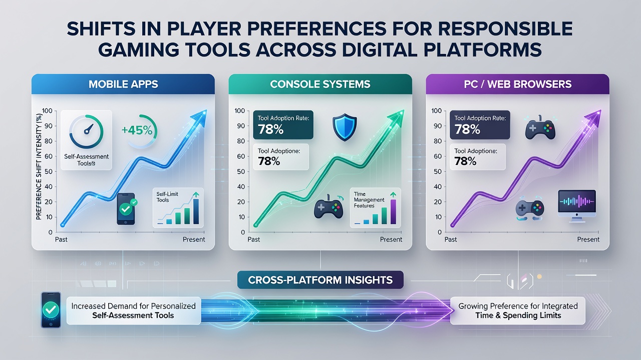 Infographic comparing responsible gaming tool usage statistics across mobile and desktop platforms in 2026