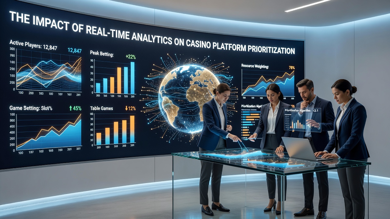 Real-time analytics dashboard showing player data streams and platform metrics in a casino environment