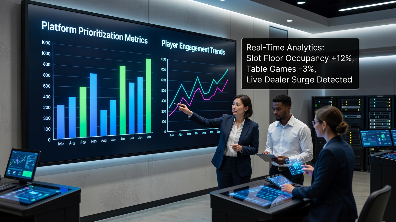 Casino operators reviewing live analytics reports on player engagement and platform adjustments